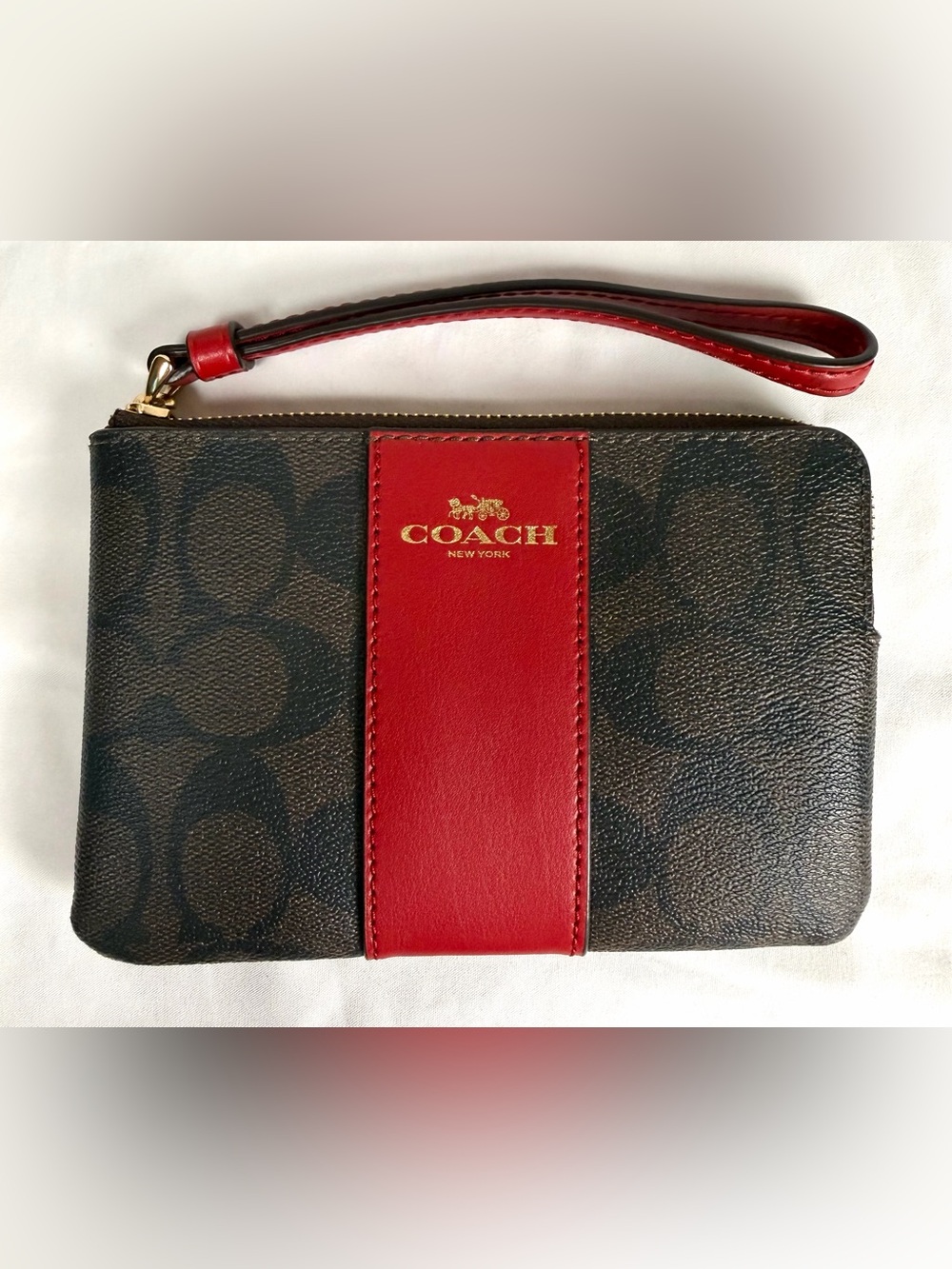 Coach Signature Canvas Corner Zip Wristlet Brown with Red Leather Stripe